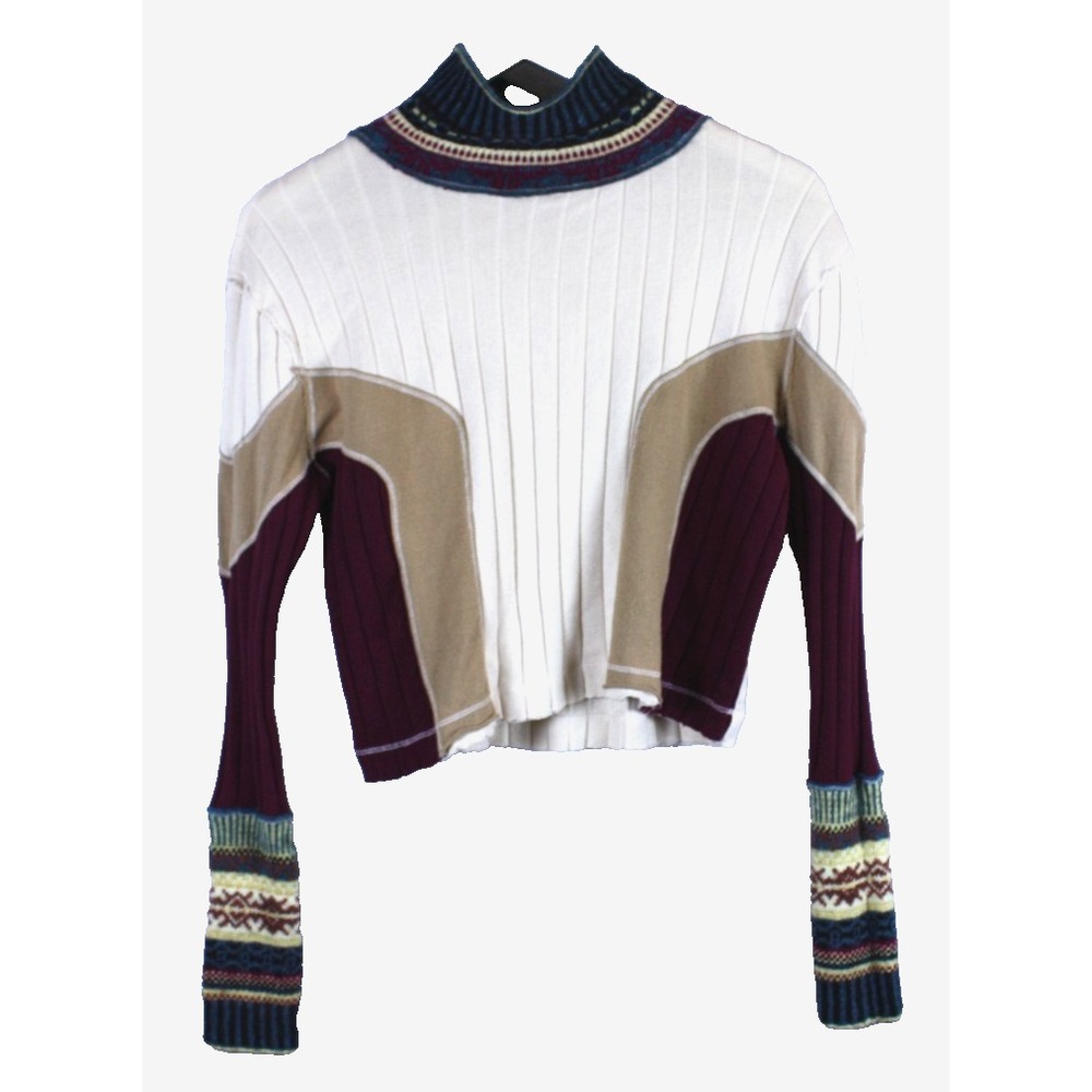 Free People Loose Cropped Sweater Size XS Mock Neck Wool Blend Knit Top Retro